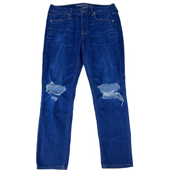American Eagle Outfitters Women's Blue Jeans Tom Girl Distressed Button Up Pants - Picture 1 of 9